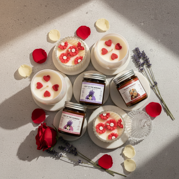 Candle Jars with floral decorations and on a light surface with flowers around