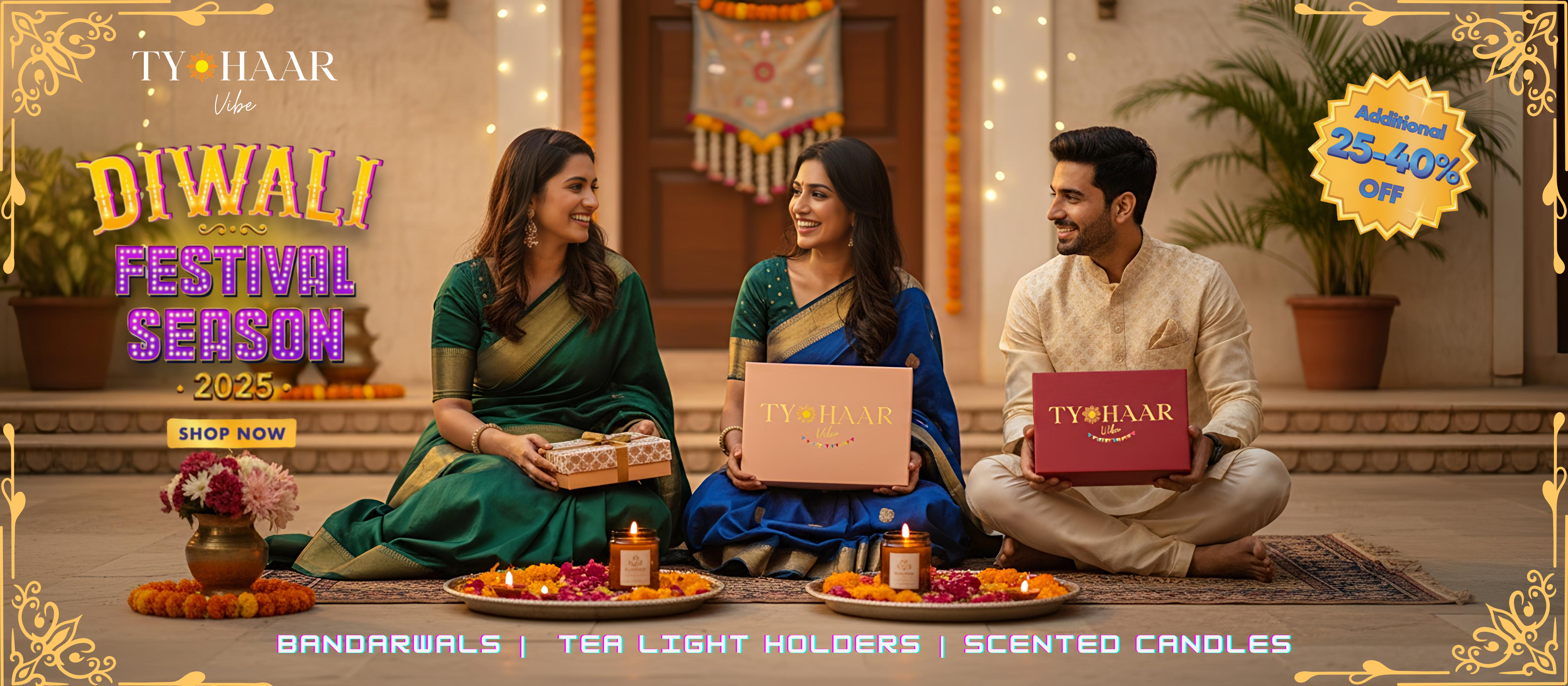 Three people sitting on a Diwali-themed setting with promotional text for Tyohaar products.
