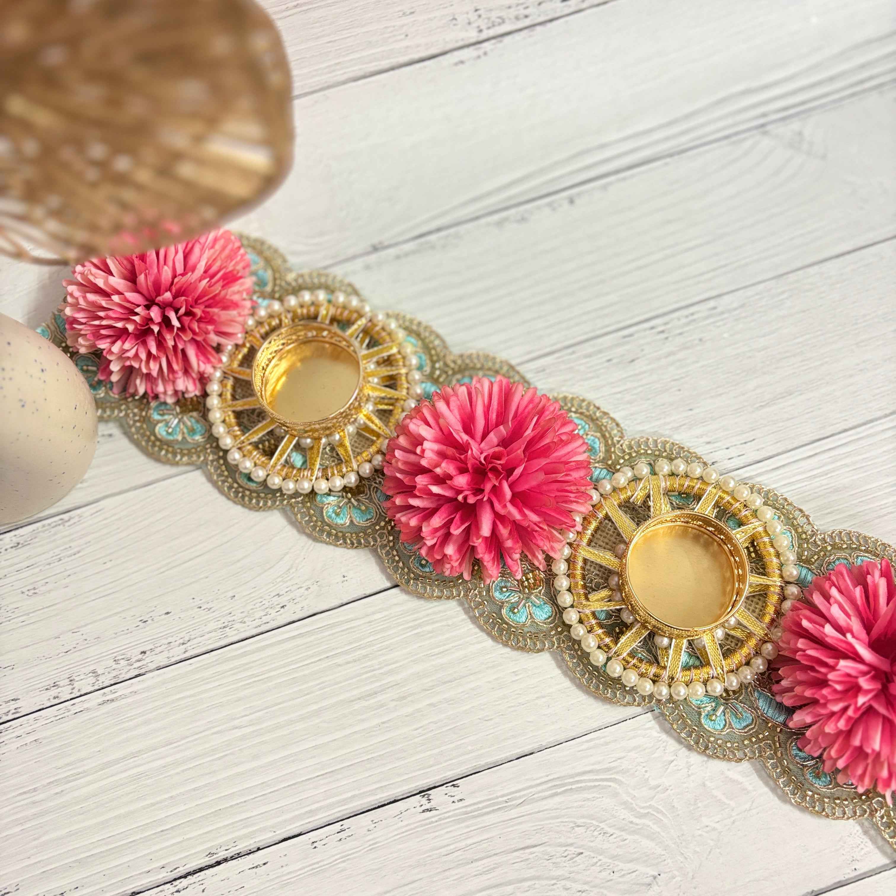 Festive Blooms Table Runner | Pink & Gold Floral Table Decor