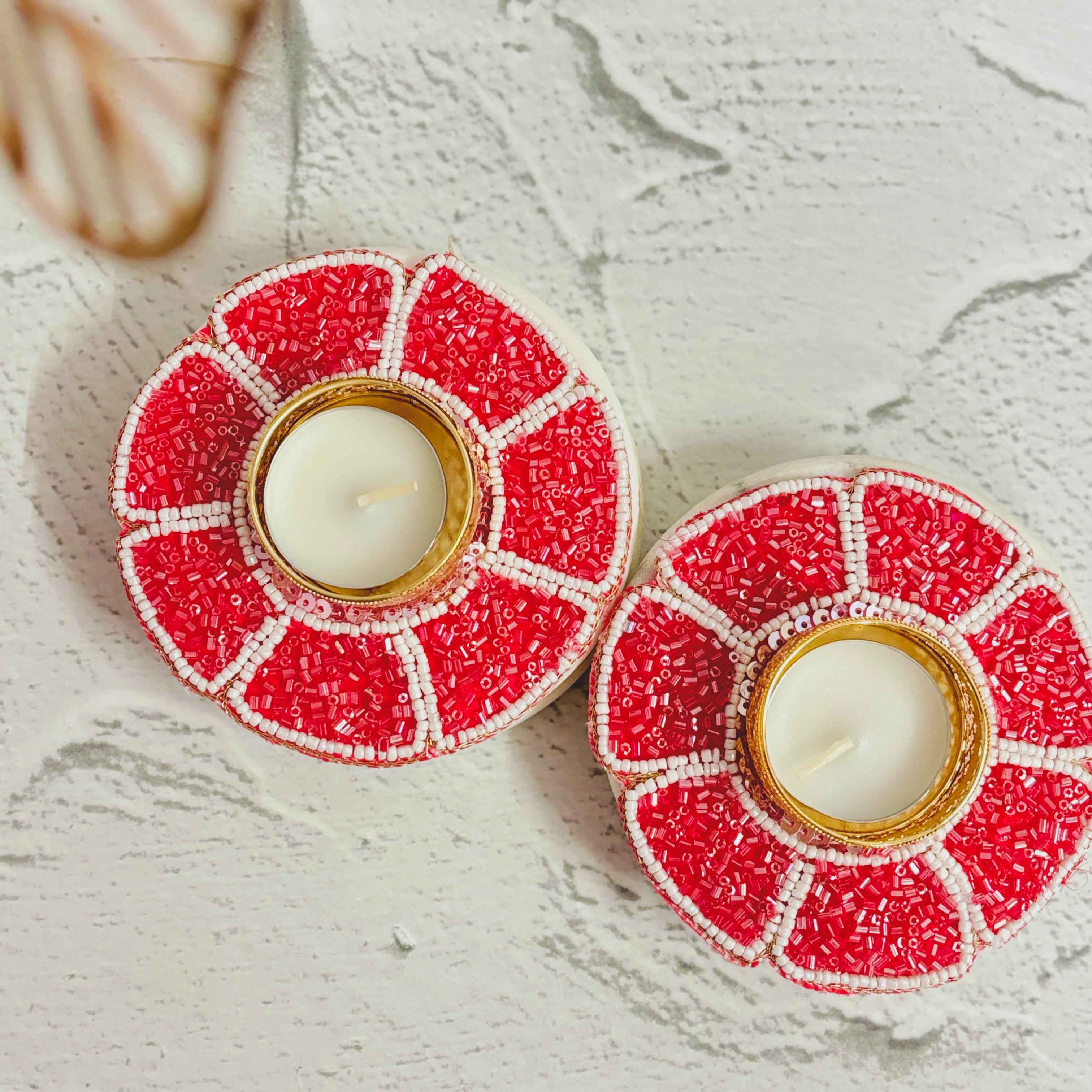 Fuchsia Bloom | Hot Pink Beaded Diya Holder | Diwali Decor Tealight Holder Tyohaarvibe - TyohaarVibe