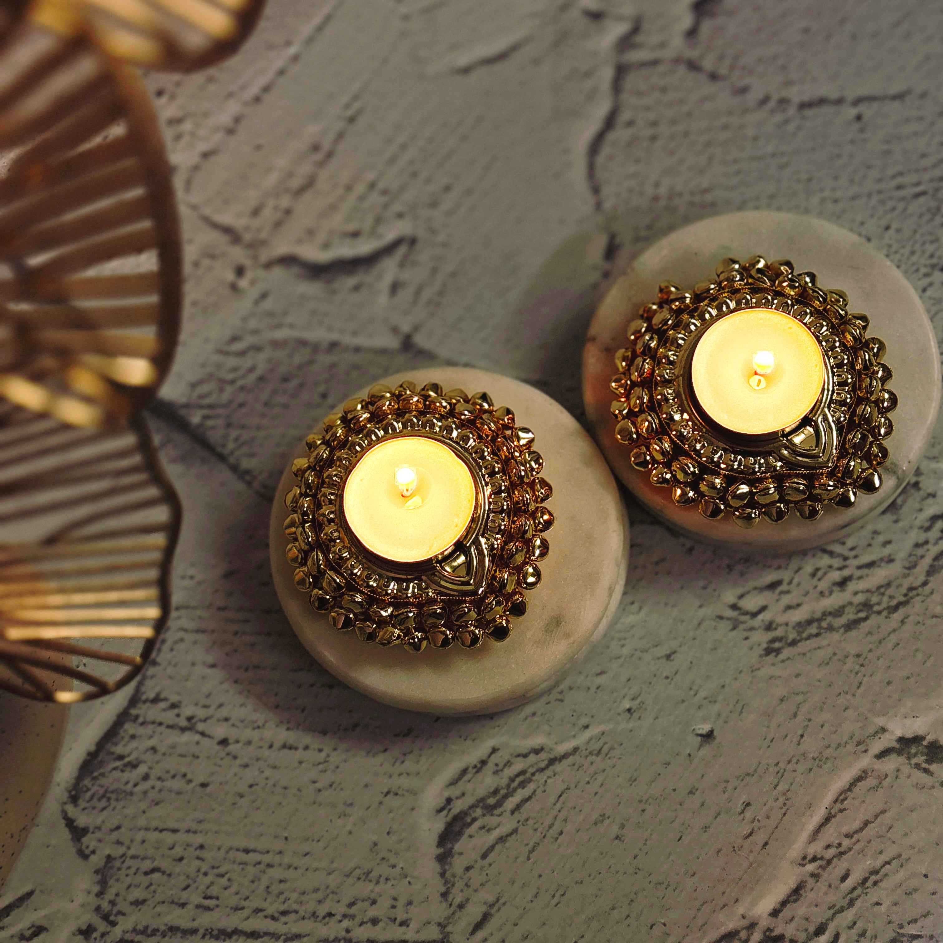 Golden Glimmer | Traditional Tealight Holder Metal Diya Stand Set of 2 - TyohaarVibe