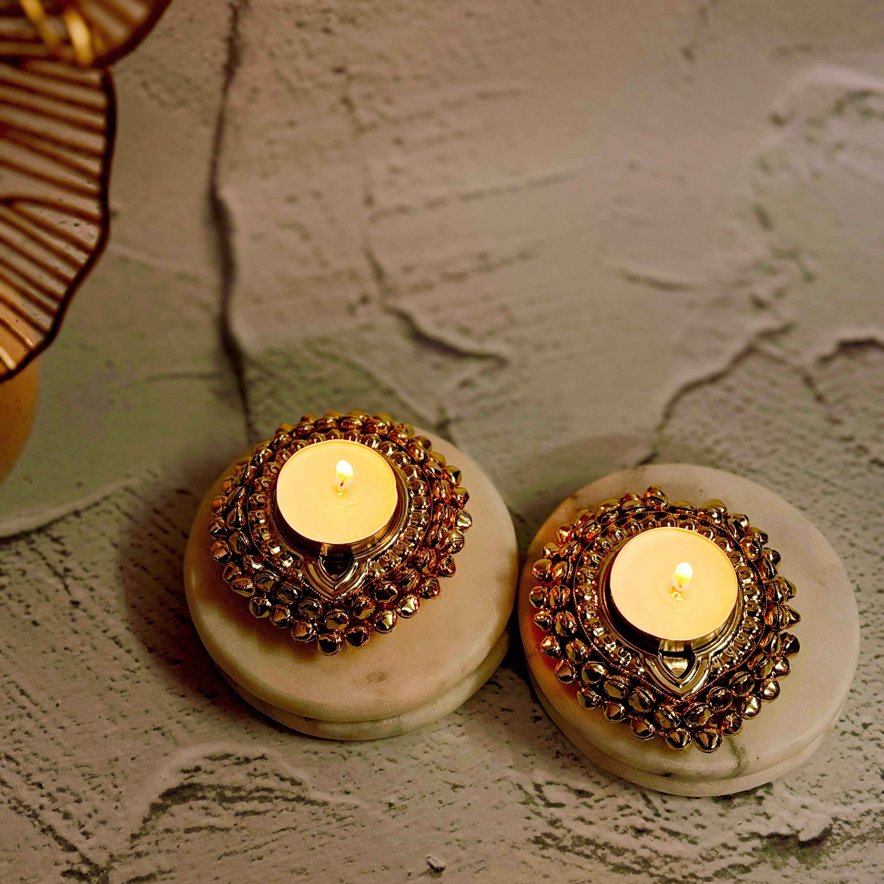 Golden Glimmer | Traditional Tealight Holder Metal Diya Stand Set of 2 - TyohaarVibe