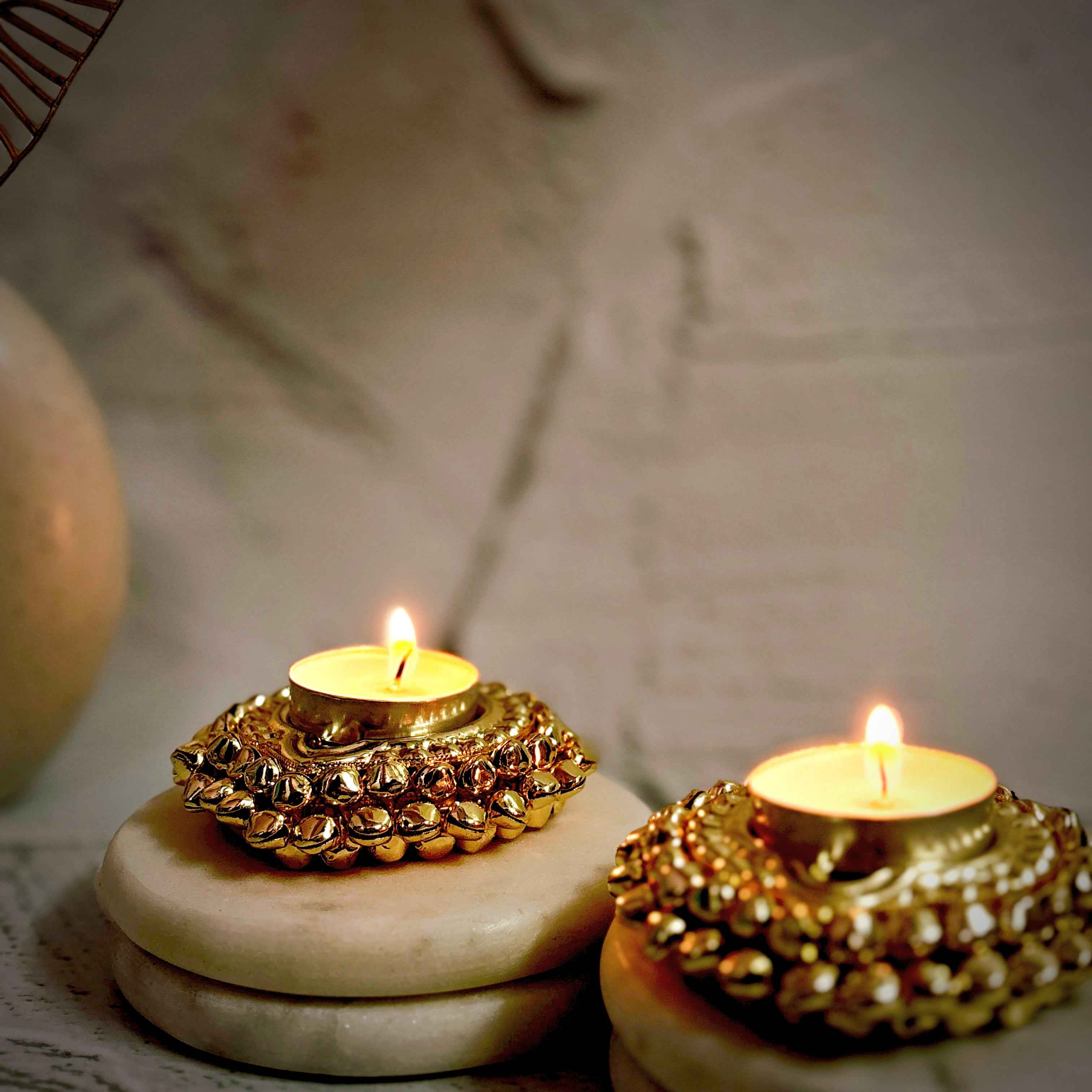 Golden Glimmer | Traditional Tealight Holder Metal Diya Stand Set of 2 - TyohaarVibe