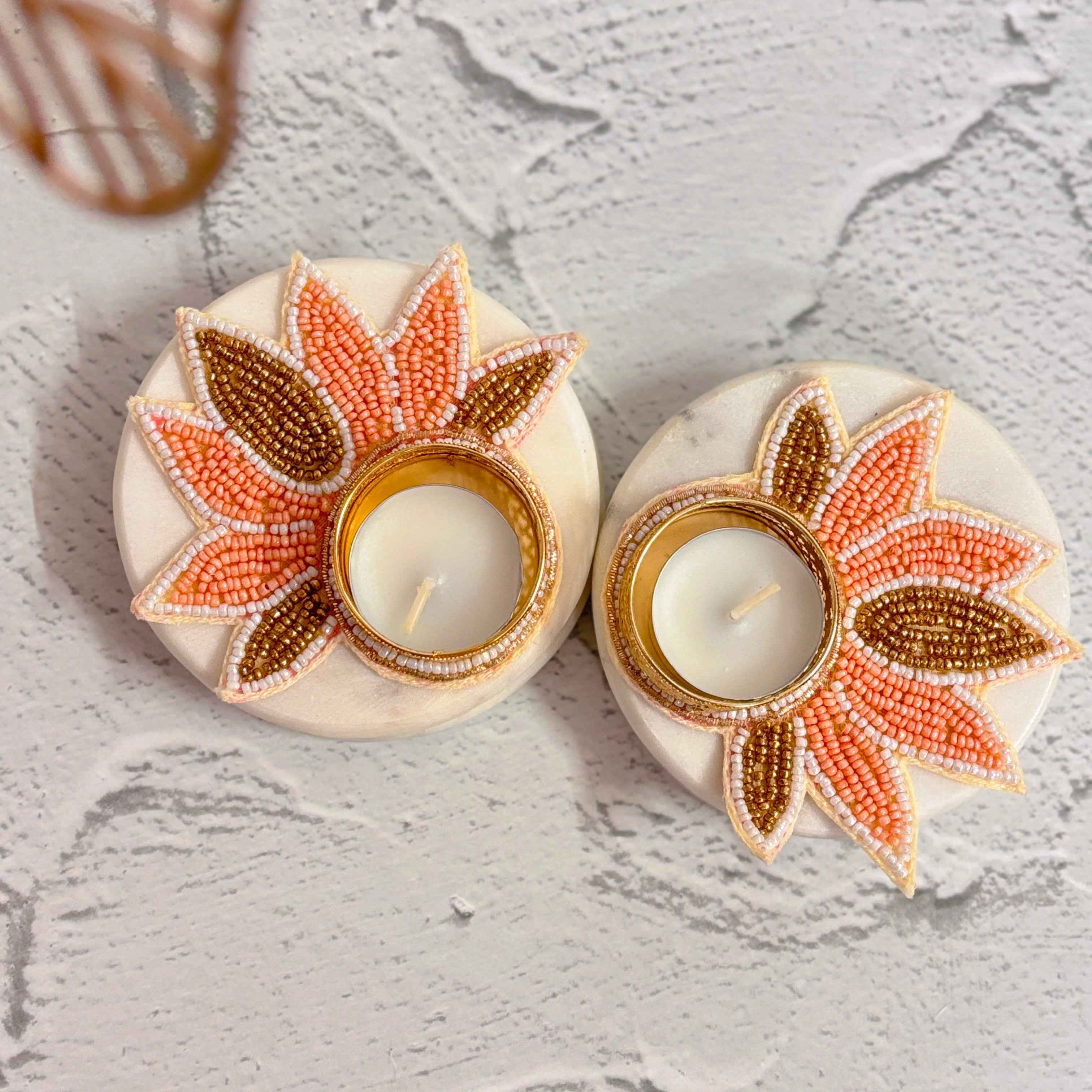 Golden Petals | Peach & Gold Beaded Diya Holders
