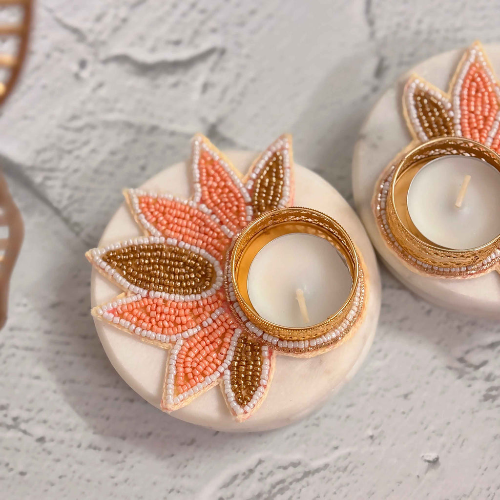 Golden Petals | Peach & Gold Beaded Diya Holders