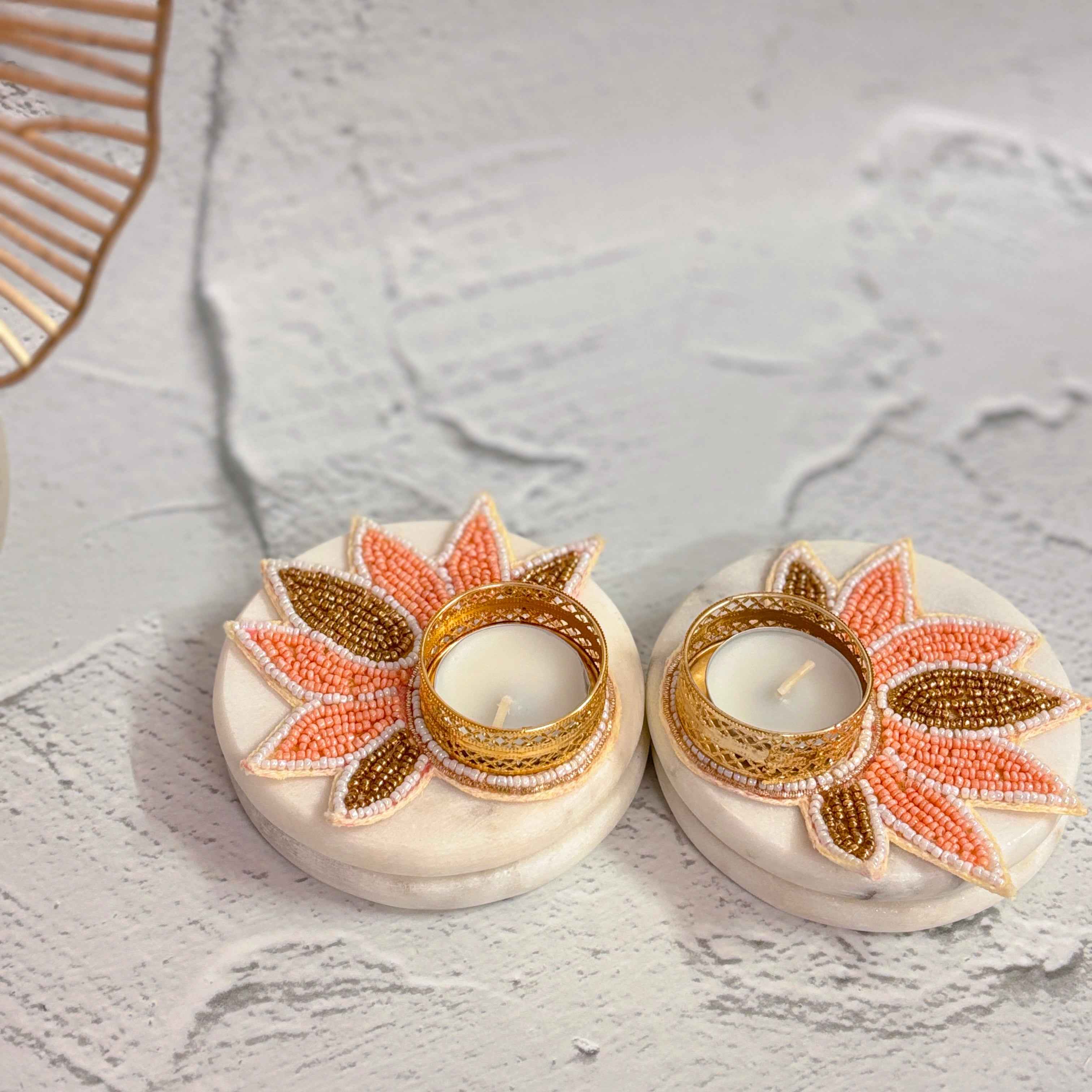 Golden Petals | Peach & Gold Beaded Diya Holders