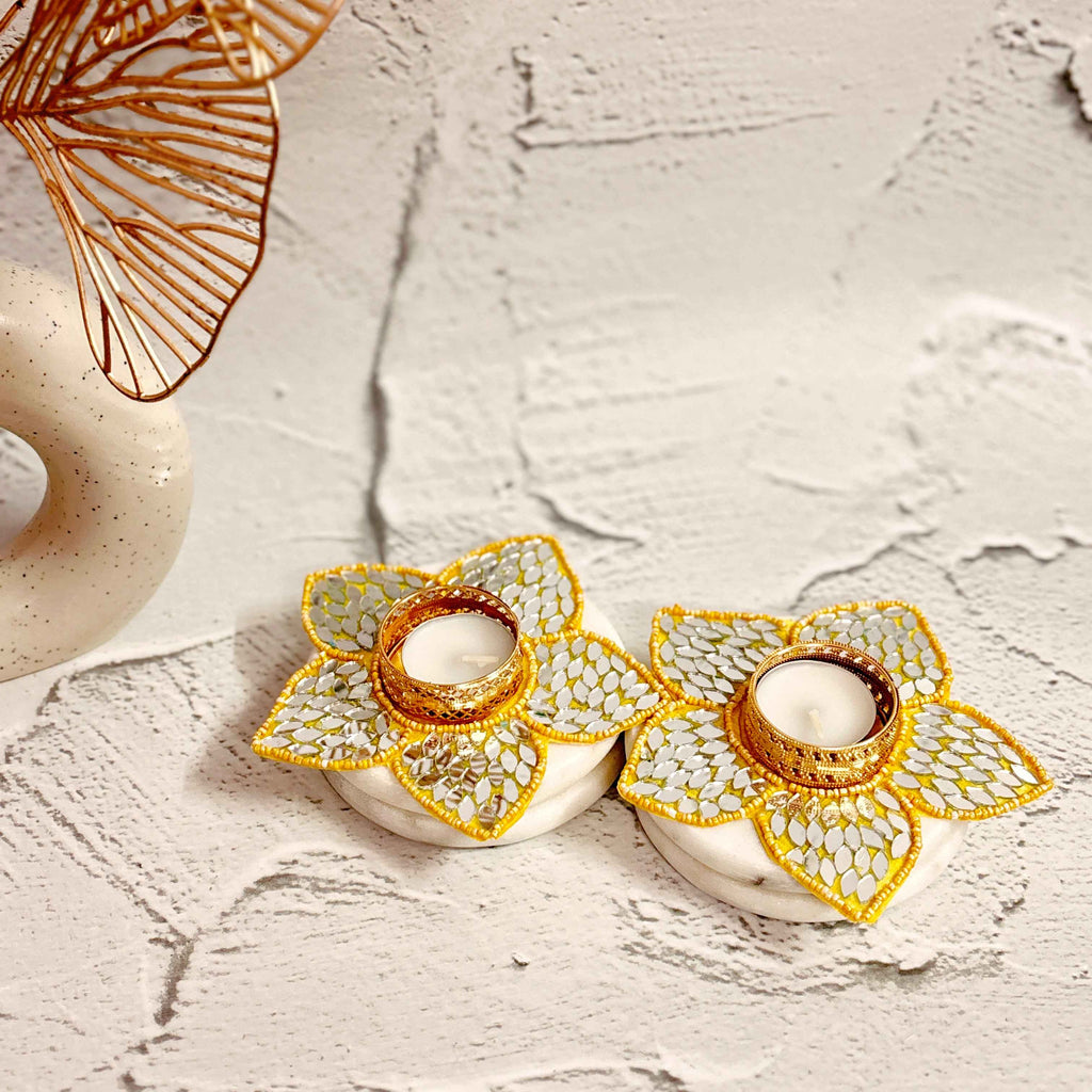 Lotus Bloom Mirror Work Diya Holder Set of 2 - Diwali Decor Tea Light Holder Tyohaarvibe - TyohaarVibe