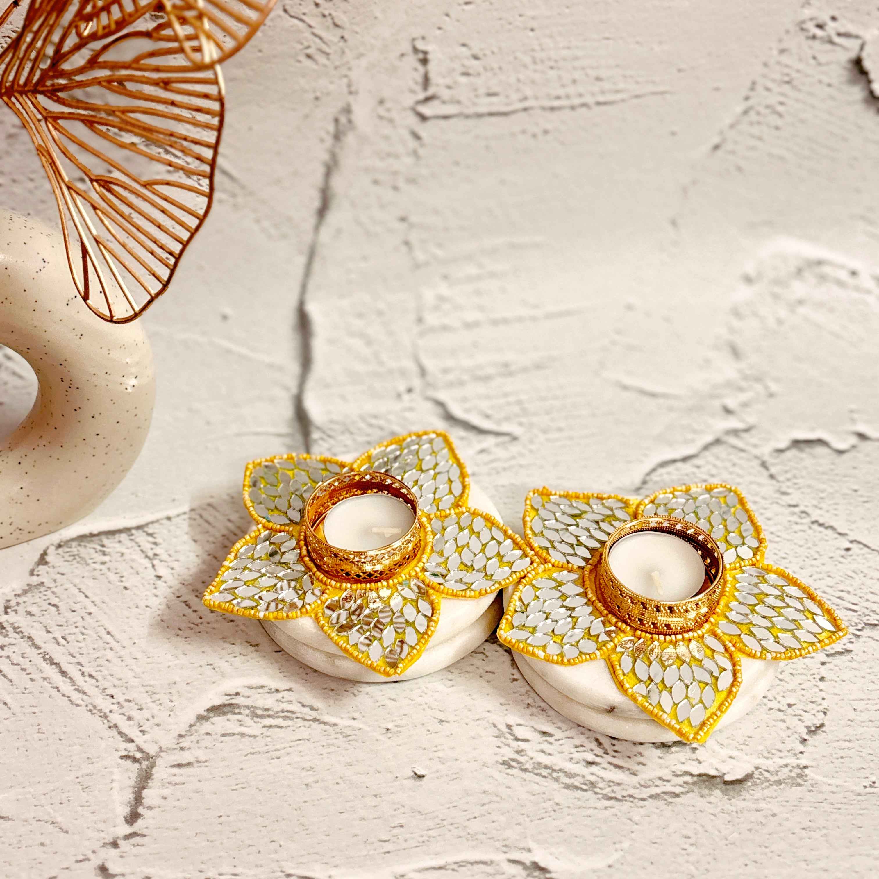 Lotus Bloom Mirror Work Diya Holder Set of 2 - Diwali Decor Tea Light Holder Tyohaarvibe - TyohaarVibe