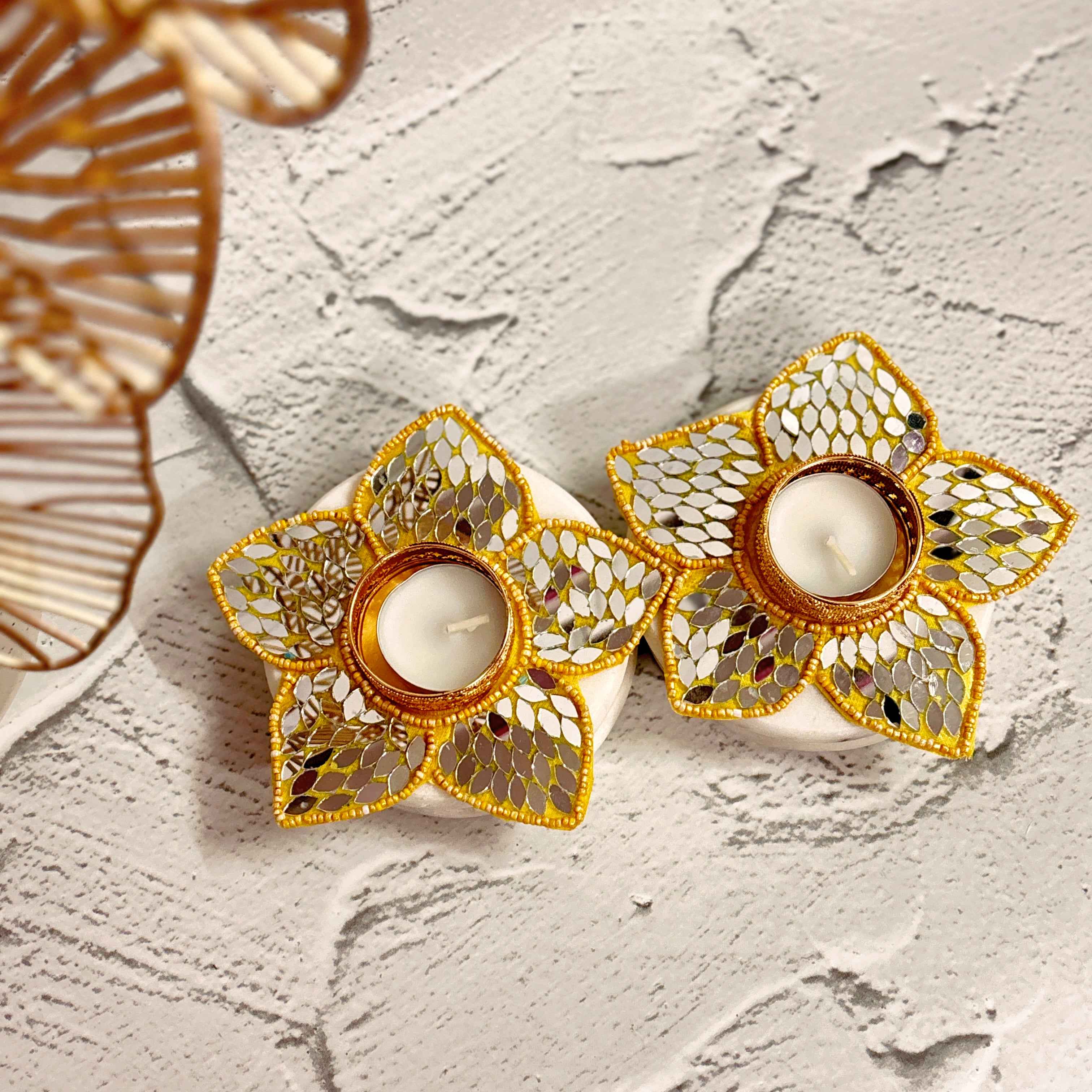 Lotus Bloom Mirror Work Diya Holder Set of 2 - Diwali Decor Tea Light Holder Tyohaarvibe - TyohaarVibe