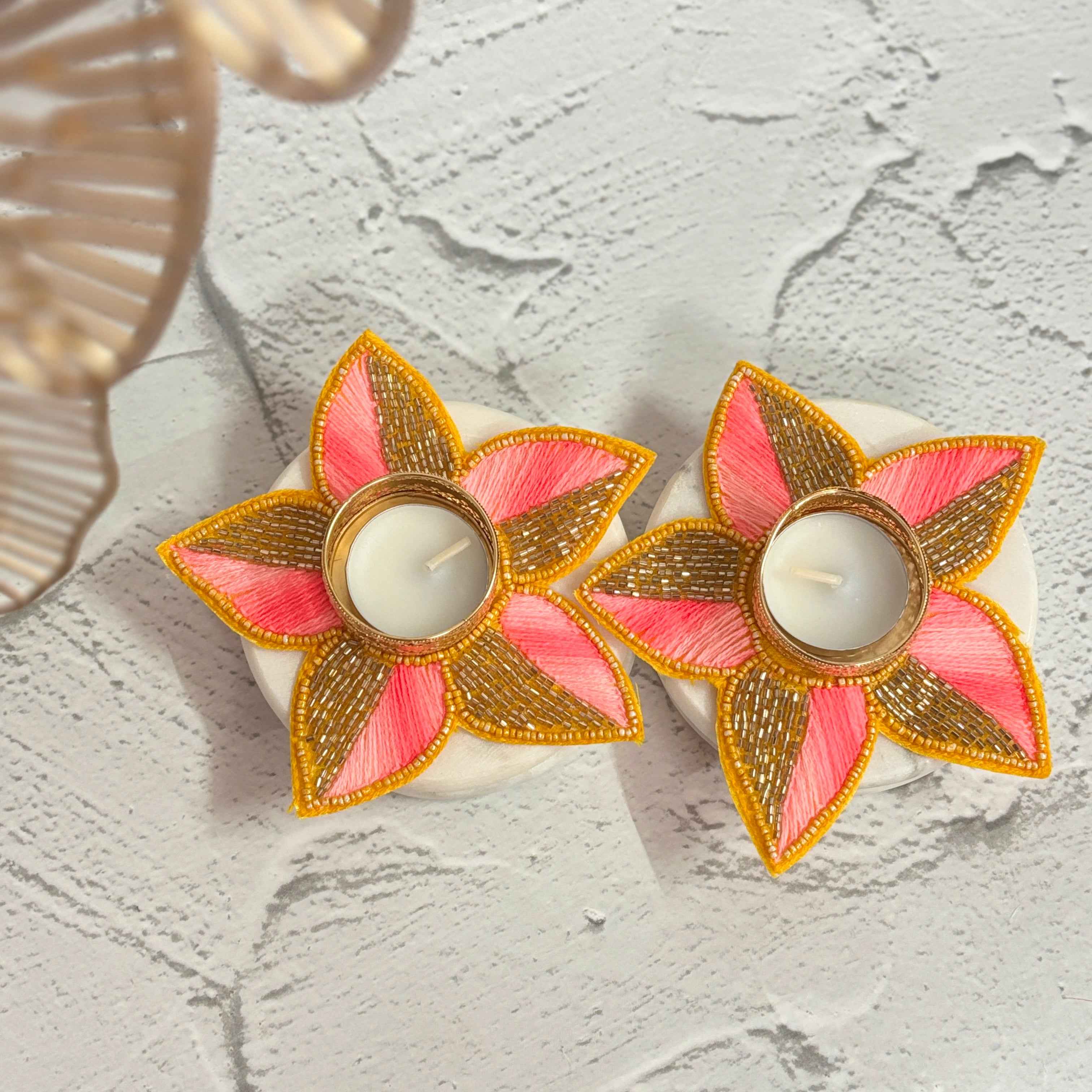 Morning Glory | Pink & Gold Beaded Diya Holders