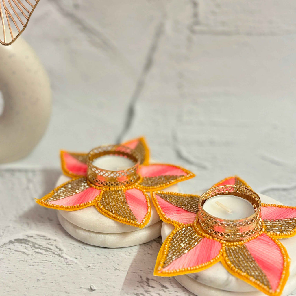 Morning Glory | Pink & Gold Beaded Diya Holders