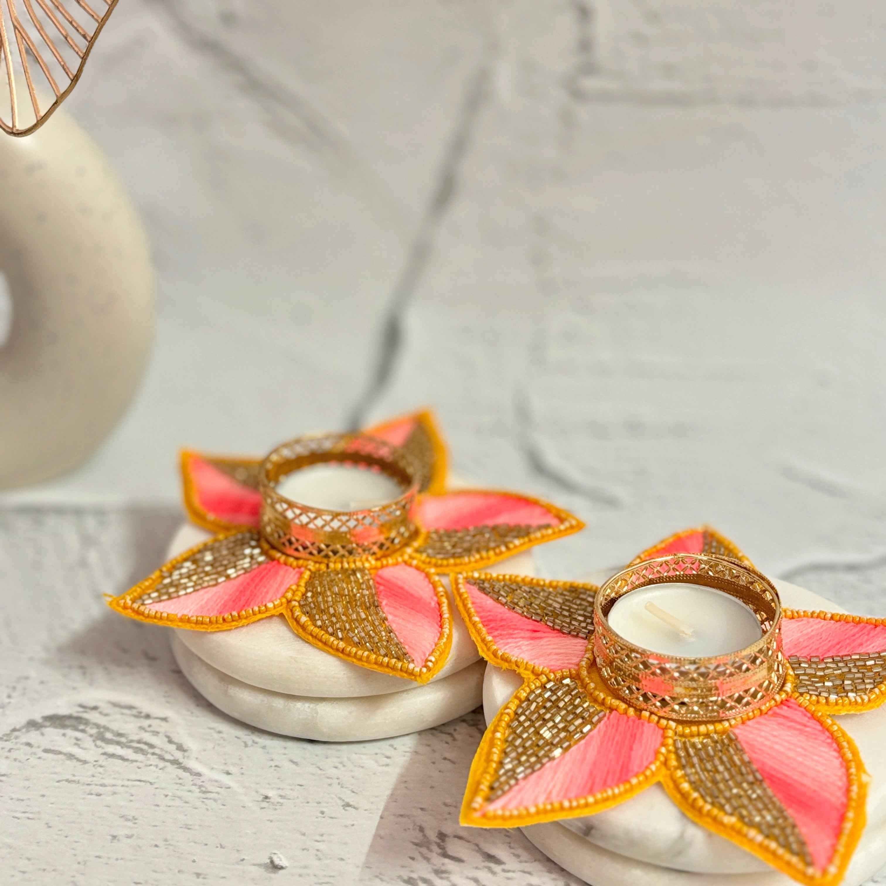 Morning Glory | Pink & Gold Beaded Diya Holders