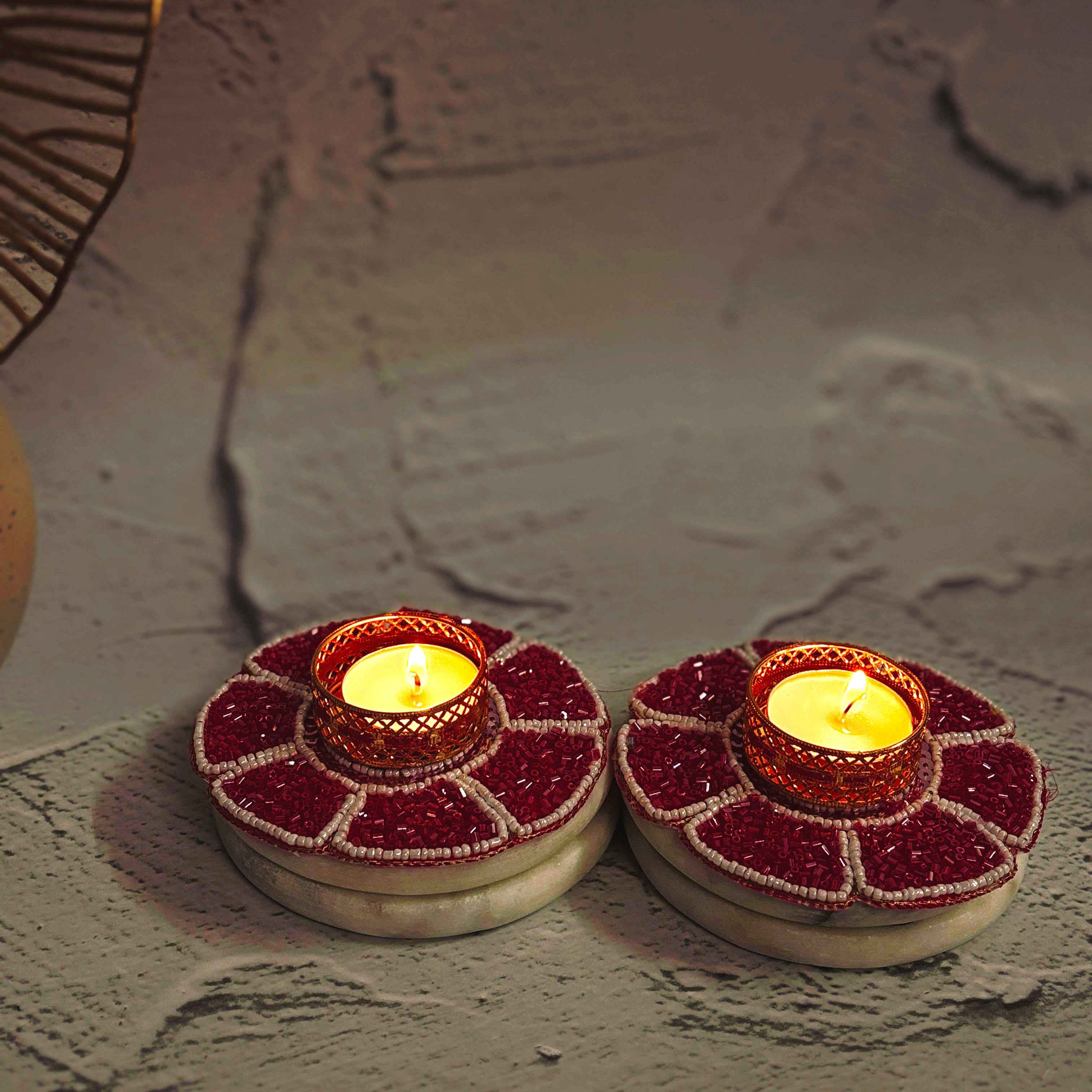 Fuchsia Bloom | Hot Pink Beaded Diya Holder | Diwali Decor Tealight Holder Tyohaarvibe - TyohaarVibe