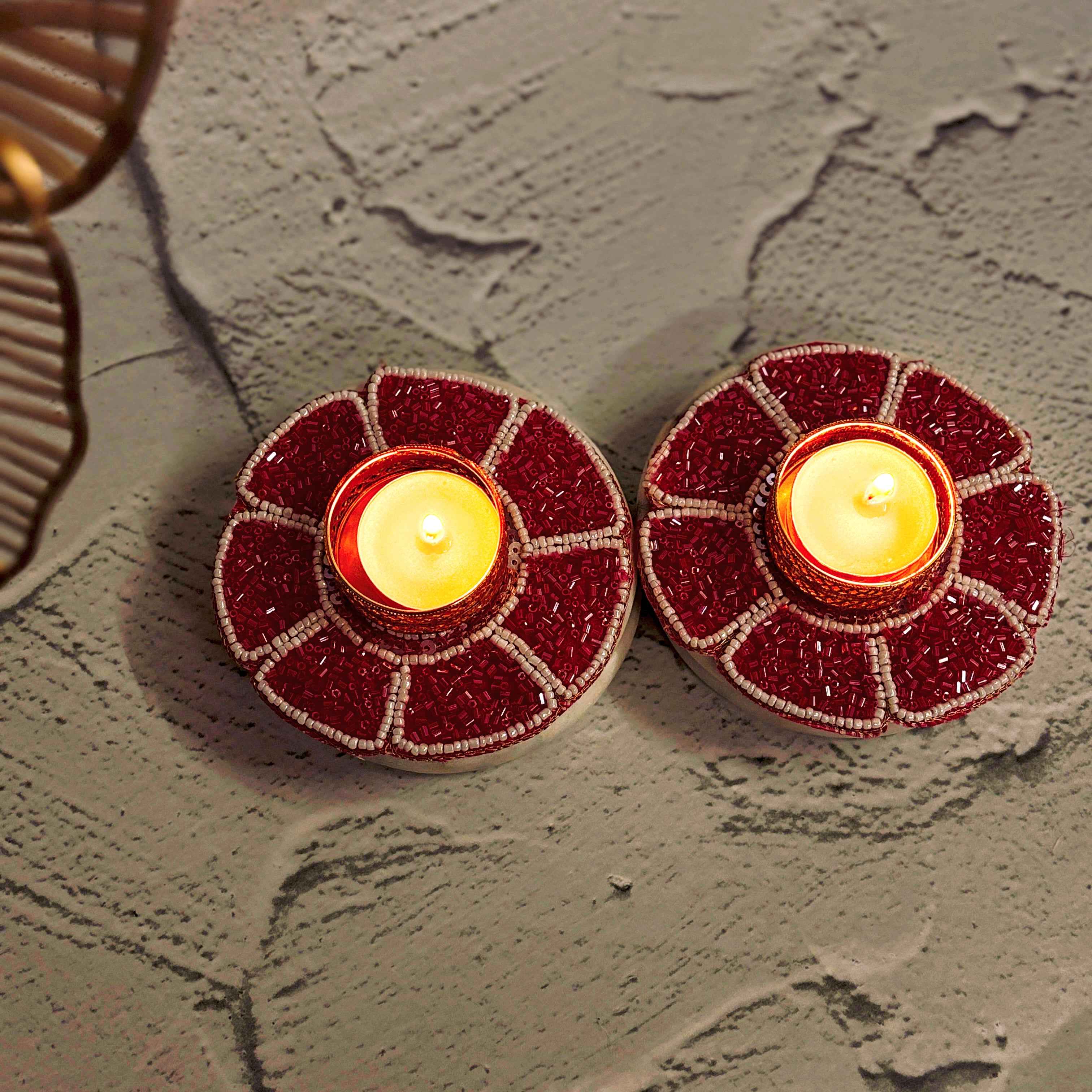 Fuchsia Bloom | Hot Pink Beaded Diya Holder | Diwali Decor Tealight Holder Tyohaarvibe - TyohaarVibe