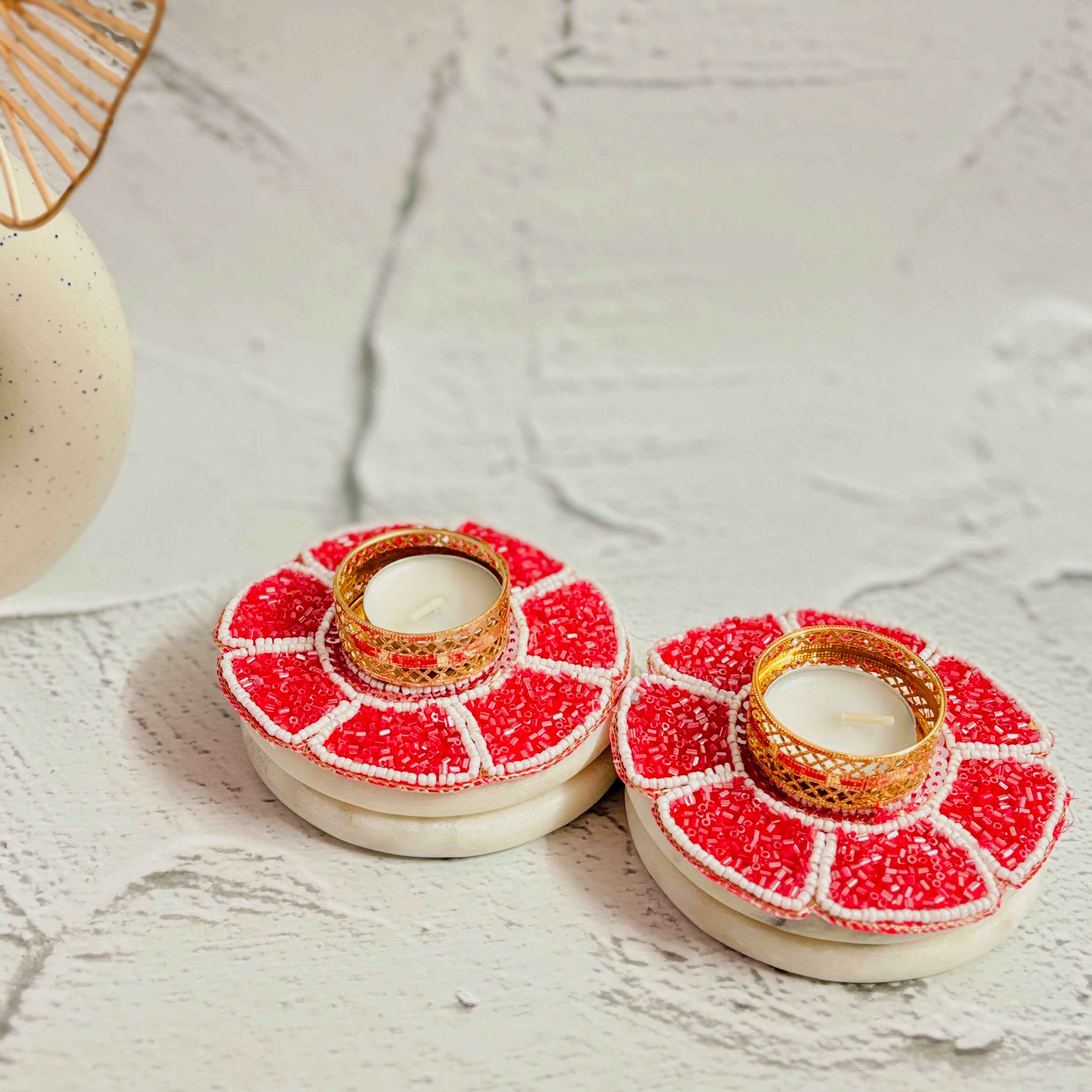 Fuchsia Bloom | Hot Pink Beaded Diya Holder | Diwali Decor Tealight Holder Tyohaarvibe - TyohaarVibe