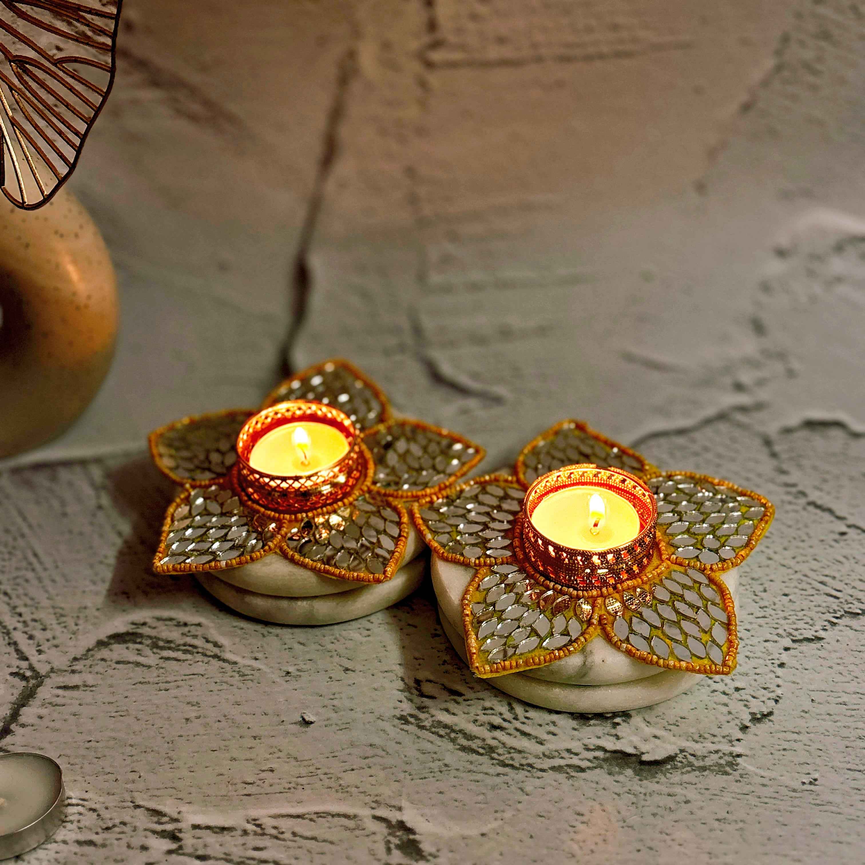 Lotus Bloom Mirror Work Diya Holder Set of 2 - Diwali Decor Tea Light Holder Tyohaarvibe - TyohaarVibe