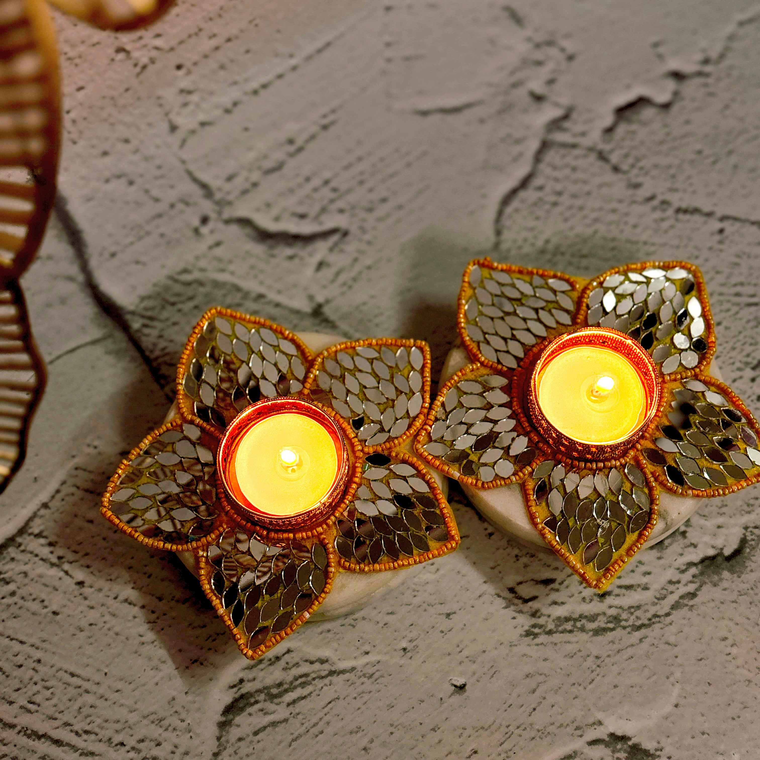 Lotus Bloom Mirror Work Diya Holder Set of 2 - Diwali Decor Tea Light Holder Tyohaarvibe - TyohaarVibe