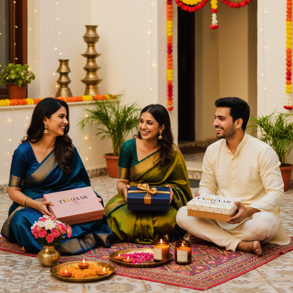 Three people sitting on a rug with gift boxes of tyohaarvibe and decorative items in a festive setting.